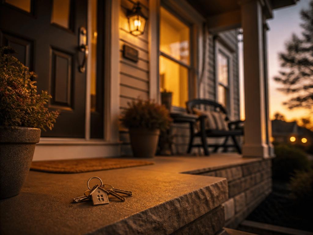 House keys on the doorstep of a warm-lit new home at dusk