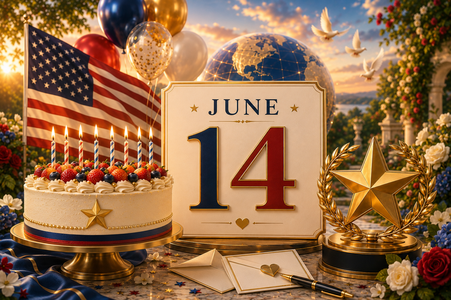June 14, 2027 — US Flag Day, US Army's 252nd birthday, and President Donald Trump's 81st: a calendar page showing JUNE 14, a candlelit birthday cake, the American flag, a saluting Army color guard, and a glowing globe with wishes arriving from around the world